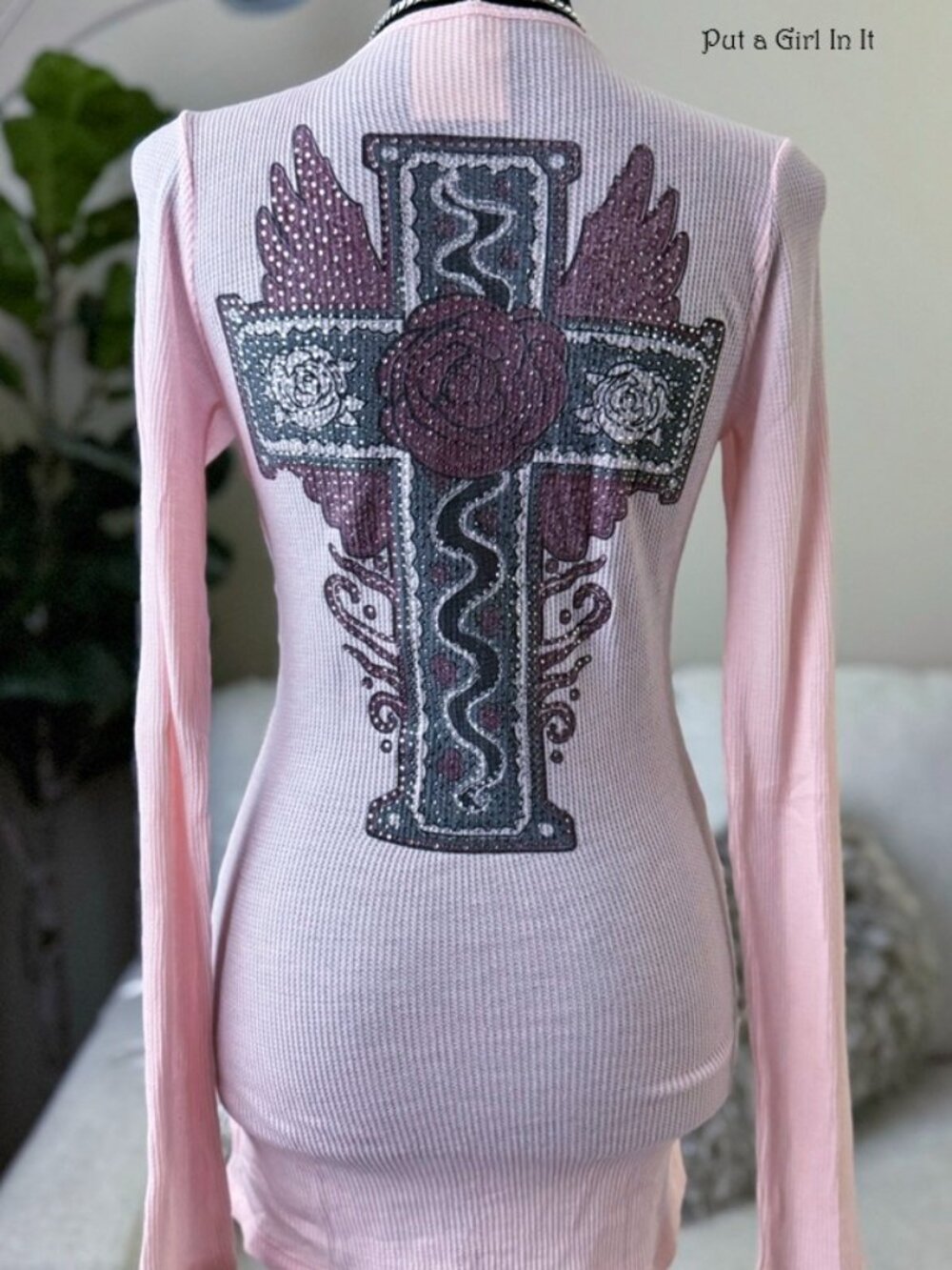 Vocal Apparel Women's Embellished Crystal Light Pink Cross Rose Shirt S M L